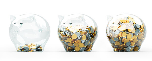 Three transparent piggy banks with increasing amounts of coins inside. 3D Rendering © ImageFlow