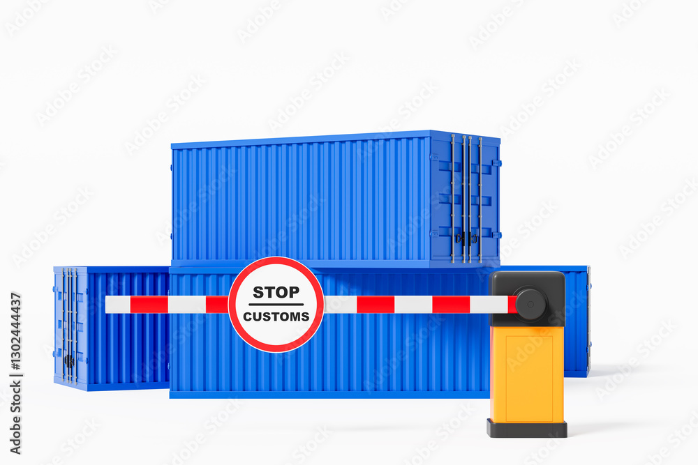 Aufkleber customs border barrier with stop sign in front of stacked blue shipping containers. 3d rendering