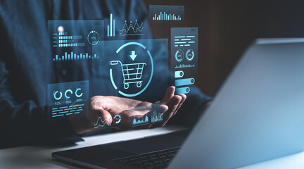 Online shopping concept with holographic shopping cart and data analysis.