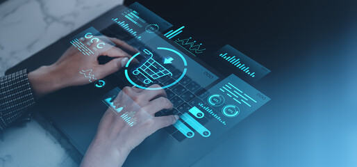 Online shopping interface on a futuristic laptop screen.