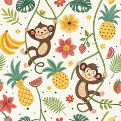 Seamless Playful Monkeys and Tropical Fruits Jungle Vibe Illustrative Art Bright and Cheerful Atmosphere Whimsical Perspective