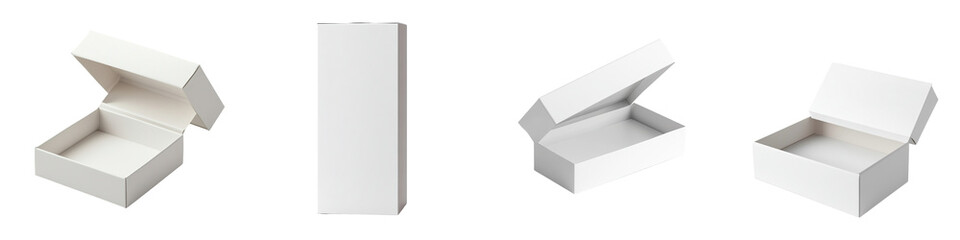 set of A white box of Stalis opened, a white box Stalis opened, boxes of different colors, Stalis opened white box, Stalis brand opened white box, on a transparent backgrounds