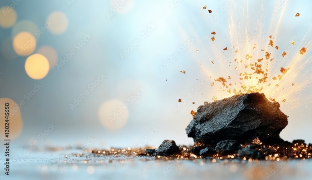 Poster sparkling explosion of bright particles from a rock on a soft focus background with glowing lights