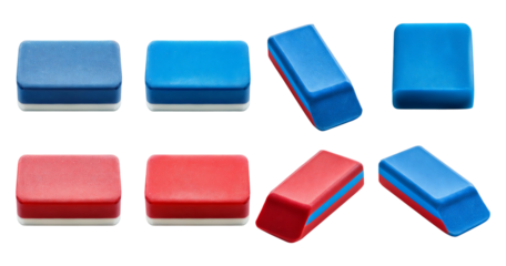 Colorful Erasers in Red and Blue Color Arrangement on White Background, Bundle Set Collection, Isolated on Transparent Background