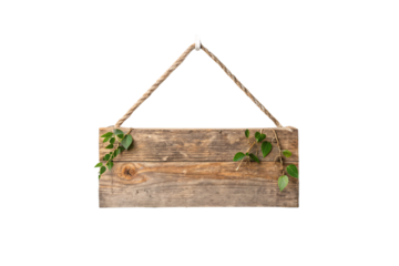 A weathered wooden sign with a rope hanger, adorned with green vines, creating a natural, vintage aesthetic against a transparent background