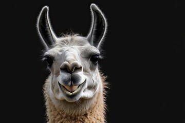 A close up portrait shows a smiling llama animal