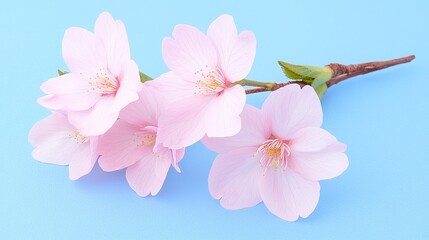 Naklejka premium Delicate pink cherry blossoms on a blue background.