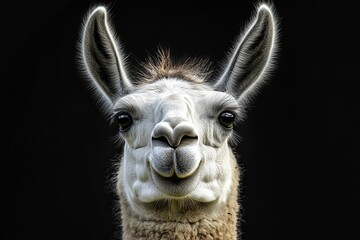 Fototapeta premium The close up portrait of a fluffy white llama smiling gently