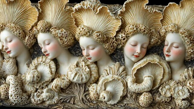 Intricate sculpture of five serene women adorned with shells and coral elements showcasing exquisite craftsmanship and artistry
