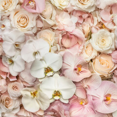 An array of soft pink and cream colored orchids