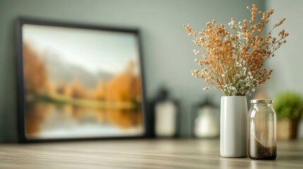 Modern Interior Composition Featuring Elegant Vase with Dried Flowers Against Soft Focus Scenic Background