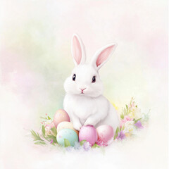 Cute white Easter rabbit with eggs and flowers