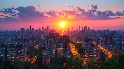Obraz premium Vibrant sunset over a sprawling cityscape.