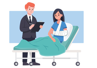 Flat illustration of an insurance agent visiting a female customer with a broken arm.