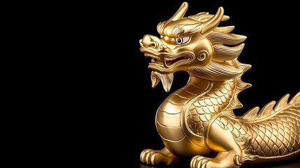 Golden dragon figurine on black background.