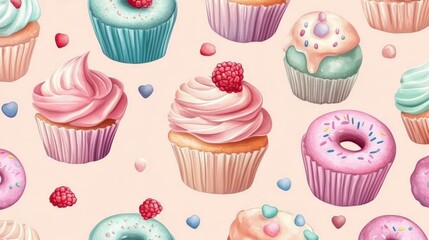 Colorful Cupcakes and Donuts Pattern for Sweet Treats and Dessert Themes