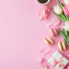 Obraz premium Pink background with coffee macarons and tulips