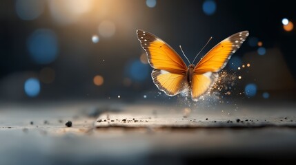 Obraz premium Vibrant Butterfly in Flight with Sparkling Dust and Bokeh Background for Nature and Wildlife Photography