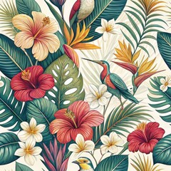 Seamless Tropical Floral Pattern Design Nature Illustration Vibrant Environment Close-Up View Exotic Aesthetics