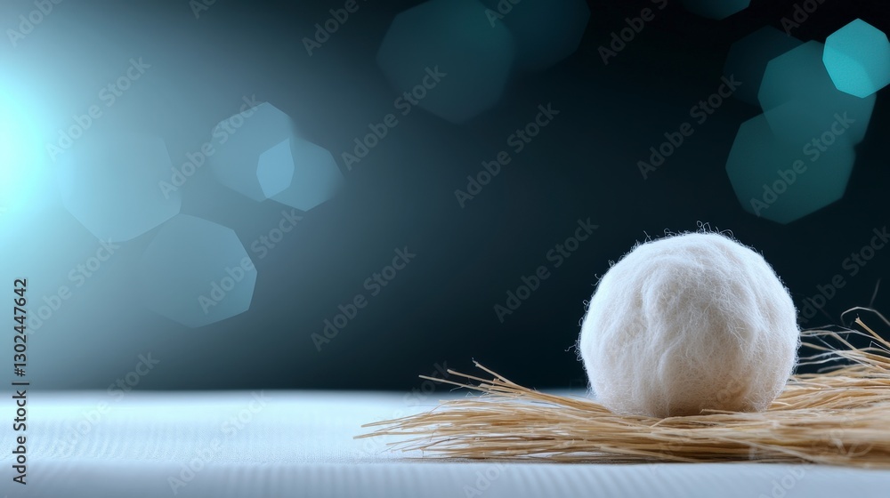 Poster soft white ball resting on straw nest with blurred background and bokeh effect for peaceful imagery