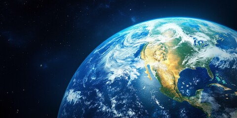 Obraz premium Earth from Space: A breathtaking view of planet Earth from space, showcasing the vibrant blues of oceans, the swirls of clouds, and the continents illuminated. 