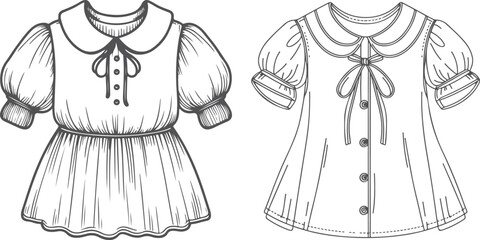 Girl's Peter Pan Collar Short Dress Fashion Illustration Technical Drawing Template.