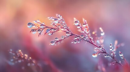 Fototapeta premium Close-up of a delicate plant branch adorned with sparkling water droplets against a soft, blurred background