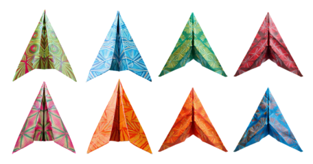 Colorful Paper Airplanes with Unique Patterns in Various Orientations, PNG bundle collection, Isolated on Transparent Background