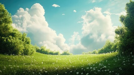 Obraz premium illustration of Summer fields landscape with a dawn,Rainbow, green grass hills, bright color blue sky, country background,banner resting vacation.