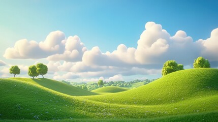 illustration of Summer fields landscape with a dawn,Rainbow, green grass hills, bright color blue sky, country background,banner resting vacation.