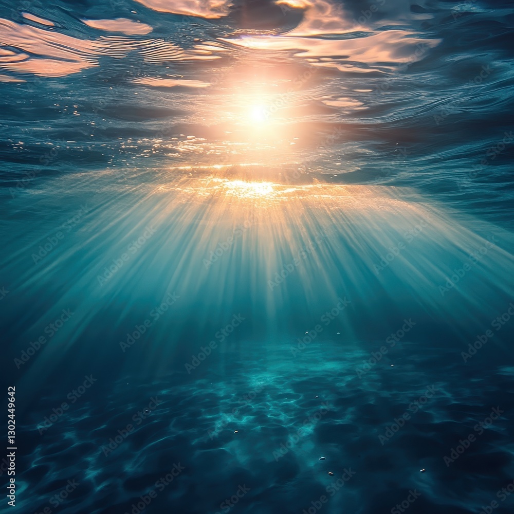 Poster serene underwater scene with sunlight rays illuminating the ocean surface and creating a dreamlike a