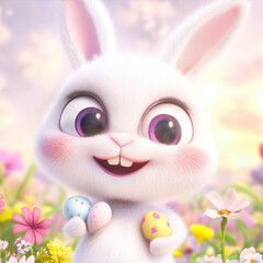 A cute white Easter bunny with big eyes and pink cheeks holding eggs in his paws
