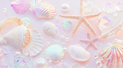 Obraz premium A close-up of various seashells starfish and pearls