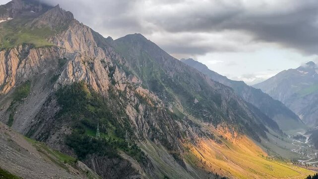 Beautiful Himalayan mountain landscape view of Baltal on Zoji La Pass with Sindh River in the Srinagar-Leh road in Jammu and Kashmir, India.