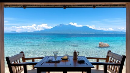 Serene seaside view with mountain backdrop.