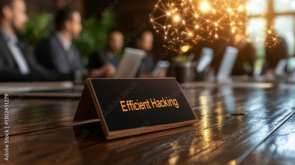 Poster table setting with a sign that reads efficient hacking surrounded by digital connections and blurred