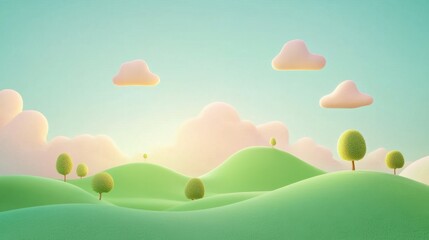 illustration of Summer fields landscape with a dawn,Rainbow, green grass hills, bright color blue sky, country background,banner resting vacation.