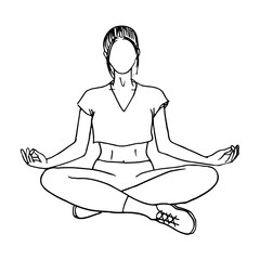 woman in lotus position in crop top, leggings and sneakers, portrait without a face - hand drawn line art