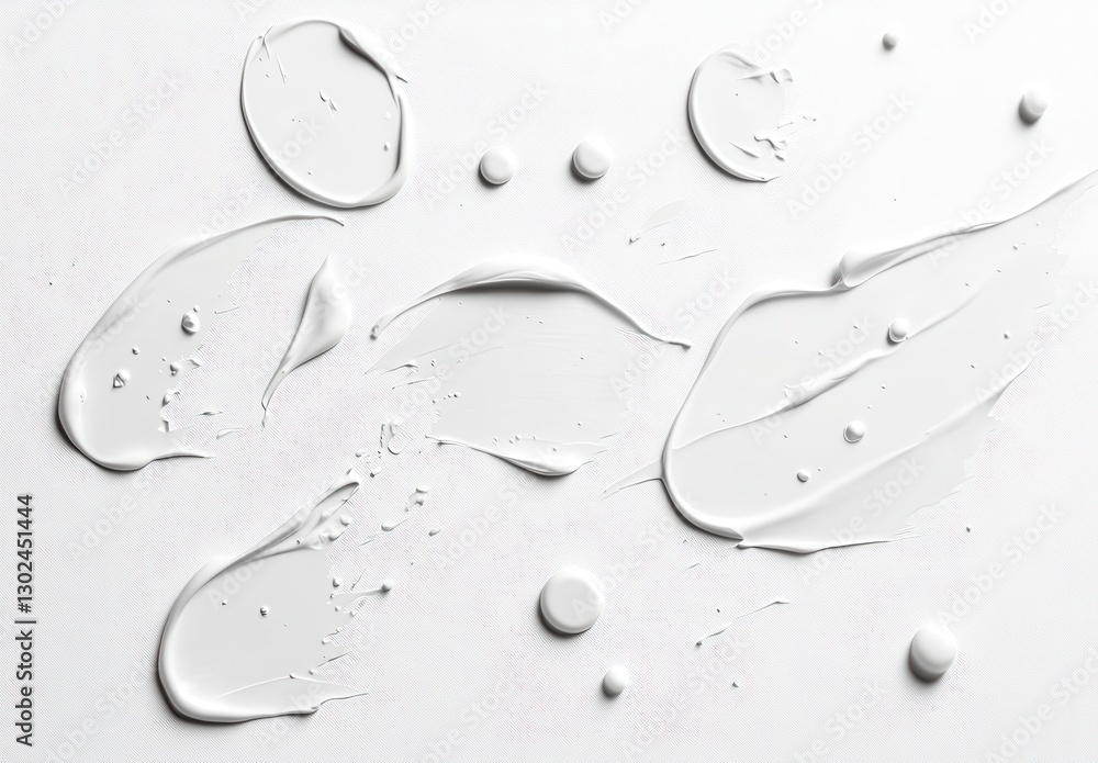 Poster smooth white paint splatter on clean canvas background with various shapes and textures for creative