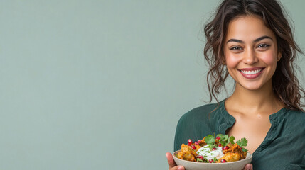 A cheerful young indian woman with light skin, wearing a dark cyan green shirt, holding a bowl of freshly prepared samosa chaat