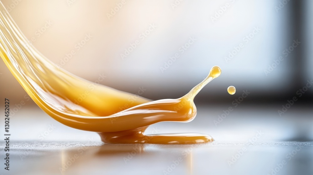 Poster smooth golden liquid splash creating a striking visual effect on a blurred background in a bright sp