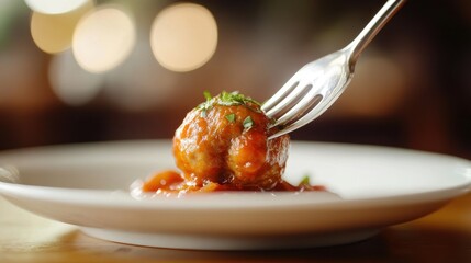Baked fluffy Meatballs in a rich tomato sauce into flying pan,Meatballs in ceramic bowl on table,tomato sauce,italian pasta,Spanish Albondigas,Meatball day,space for text.