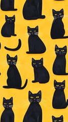 Black cats pattern on yellow background