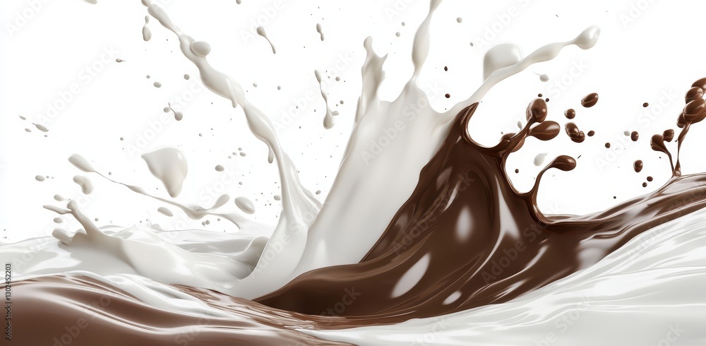 Poster splash of chocolate and milk liquid creating dynamic and artistic visual on white background for foo