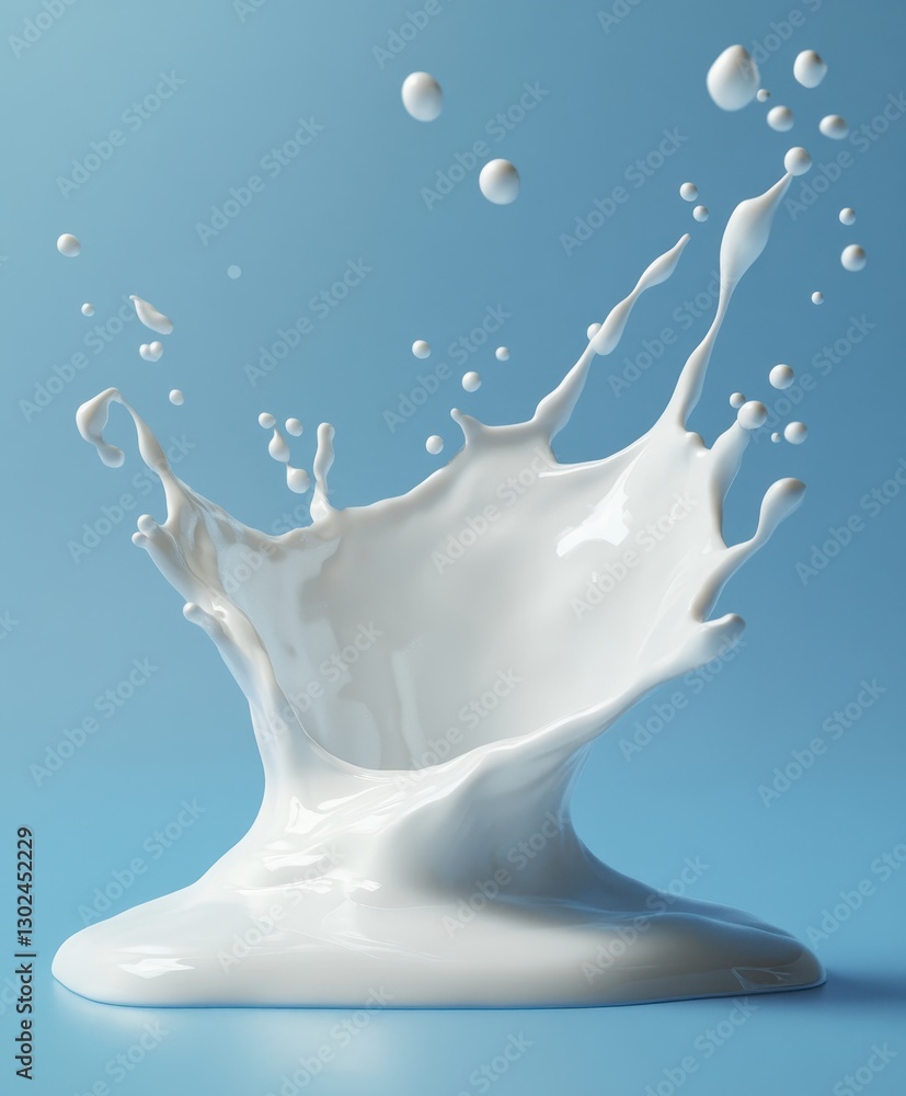 Poster splash of fresh milk creating dynamic shapes over a blue background with droplets flying in various 