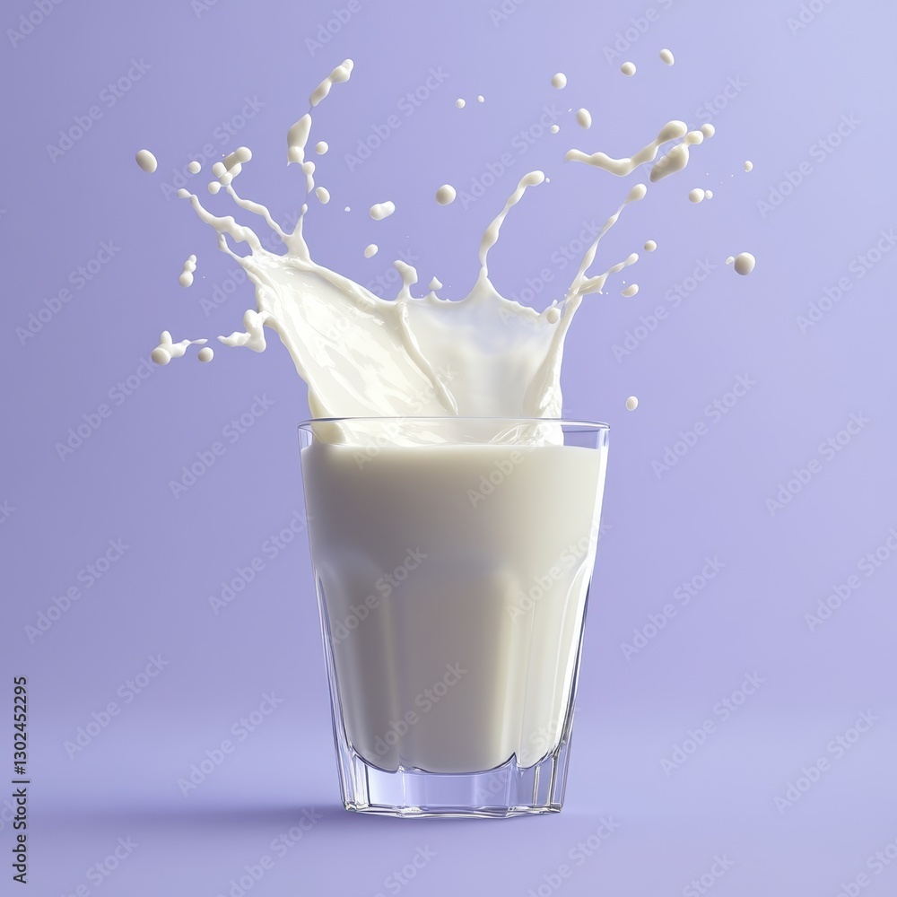 Poster splash of fresh milk in a transparent glass against a soft purple background creating a dynamic and 
