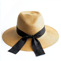 A wide-brimmed straw hat with a black ribbon band, on a white background,