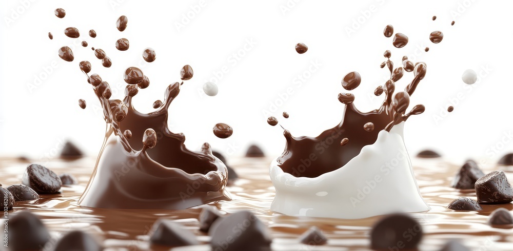 Poster splashes of dark and white chocolate with cocoa beans in a smooth chocolate surface creating a delic