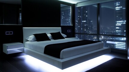 Fototapeta premium Modern Bedroom with City Views at Night