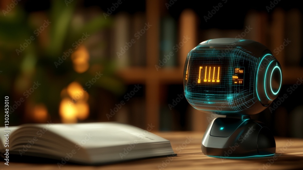 Aufkleber futuristic robot on a wooden desk with glowing display and open book in cozy library setting at nigh